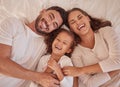 Happy family, girl and laughing parents having fun and spending quality time together at home from above. Portrait of Royalty Free Stock Photo