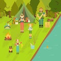 Happy family go camping and fishing. Vector illustration in flat style design. Cartoon people characters and tourist Royalty Free Stock Photo