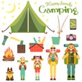 Happy family go camping. Vector illustration in flat style design. Cartoon people characters and tourist objects. Tent Royalty Free Stock Photo