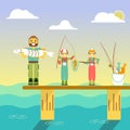 Happy family go fishing. Vector illustration in flat style design. Cartoon people characters fishing in sea. Parents and Royalty Free Stock Photo