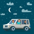 Happy Family Going by Car at Night Time. Traveling