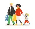 Happy family going with shopping bags, flat vector illustration isolated. Royalty Free Stock Photo