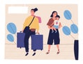 Happy family going on summer vacation together vector flat illustration. Smiling travel mother, father and son at