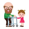 Happy Family Grandfather and grandson, Children Volunteer helping grandfather walking, concept Elderly care