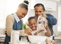 Happy family, grandma teaching kids baking and learning baker skill in kitchen with help and support. Old woman, girl