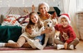 Happy family, grandmother, children and dog golden retriever during Christmas at home Royalty Free Stock Photo