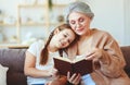 Happy family grandmother reading to granddaughter book at home