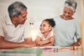 Happy family grandparents, education and kid learning, doing kindergarten homework or remote home school. Creative study