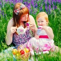 Happy Family in Green Grass take a Teaparty. Royalty Free Stock Photo