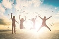 Happy family group jump on beautiful background concept for relax lifestyle