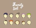 Happy family hand drawn set mother father brothers sisters grandmother