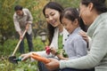 Happy family harvesting vegetables in garden, looking down