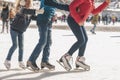 Happy family have outdoor activity, Christmas, outdoor ice skating rink Royalty Free Stock Photo