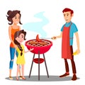Happy Family Having Barbecue In The Outdoor Vector. Isolated Illustration