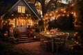 Happy family having cozy dinner on terrace with lights in warm autumn evening. Family spending time together in atmospheric garden