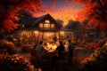 Happy family having cozy dinner on terrace with lights in warm autumn evening. Family spending time together in atmospheric garden