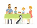 Happy family having dinner together - modern cartoon people characters illustration