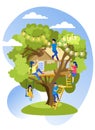 Happy Family Having Fun at House on Tree Cartoon Royalty Free Stock Photo