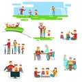 Happy Family Having Fun Together Set Of Illustrations Royalty Free Stock Photo