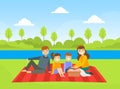 Happy Family Having Picnic Outdoors, Dad, Mom, Son and Daughter Resting on Nature Cartoon Vector Illustration Royalty Free Stock Photo