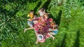 Happy family having picnic in park, parents with kids sitting on grass and eating healthy meals outdoors, aerial view from above Royalty Free Stock Photo