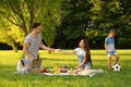 Happy family having picnic in park on sunny  day Royalty Free Stock Photo