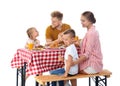 Happy family having picnic at table  white background Royalty Free Stock Photo