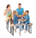 Happy family having picnic at table on white Royalty Free Stock Photo