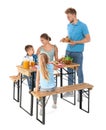 Happy family having picnic at table on white Royalty Free Stock Photo