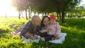 Happy family having a rest and kissing in the nature with the child at sunset in the park. Father kisses mother Royalty Free Stock Photo