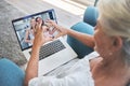 Happy family, heart and grandma on a video call via laptop internet connection loves talking to kid and grandchildren