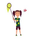 Happy family hiking. Adventure vector trekking outdoor concept. Young girl trying to catch a butterfly with a net