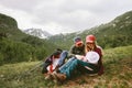 Happy family hiking with baby in mountains travel vacation outdoor Royalty Free Stock Photo