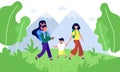 Happy family hiking nature. Father, mother and children are traveling through the mountains landscape. Royalty Free Stock Photo