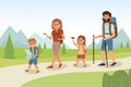 Happy Family hiking outdoors backpack. Father mother sun dother are traveling, trekking Landscape Travel time Royalty Free Stock Photo