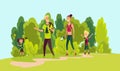 Happy family hiking. Summer trekking outdoor. Adventure vector concept. Family trekking. Recreation and active adventure