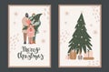 Happy family holding Christmas tree and gifts Greeting cards set Royalty Free Stock Photo