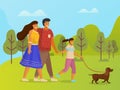 Happy family holding each other s hand, hugging, walking together outdoor with small dog Royalty Free Stock Photo