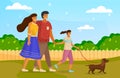 Happy family holding each other s hand, hugging, walking together with small dog along rural road Royalty Free Stock Photo