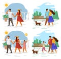 Happy family holding each other s hand, hugging, walking together outdoor with small dog scenes set Royalty Free Stock Photo