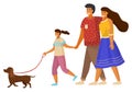 Happy family holding each other s hand, hugging, walking together outdoor with small dog summer day Royalty Free Stock Photo