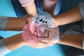 Happy family holding hands and illustration of house on background, top view. Adoption concept Royalty Free Stock Photo