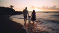 Happy family holidays. Joyful father, mother, baby son walk with fun along edge of sunset sea surf on black sand beach. Active Royalty Free Stock Photo