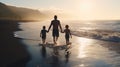 Happy family holidays. Joyful father, mother, baby son walk with fun along edge of sunset sea surf on black sand beach. Active