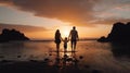 Happy family holidays. Joyful father, mother, baby son walk with fun along edge of sunset sea surf on black sand beach. Active Royalty Free Stock Photo