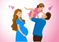 Happy family at home father playing with daughter pregnant mother standing smiling happily safe. Flat style cartoon illustration Royalty Free Stock Photo