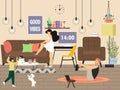 Happy family home leisure activity. Mother taking care of skin, father exercising, son playing with dog, vector.