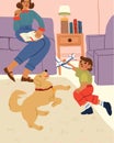 Happy family at home, mother, son and the dog in the living room. Evening at home. Cozy family scene illustration. Royalty Free Stock Photo
