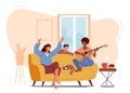 Happy Family Home Party Concept. Moms Girlfriend Playing Guitar and Singing Song, Parent and Child Characters Dance