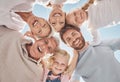 Happy family, huddle and smile below in trust, community or support together against a blue sky. Portrait of Royalty Free Stock Photo